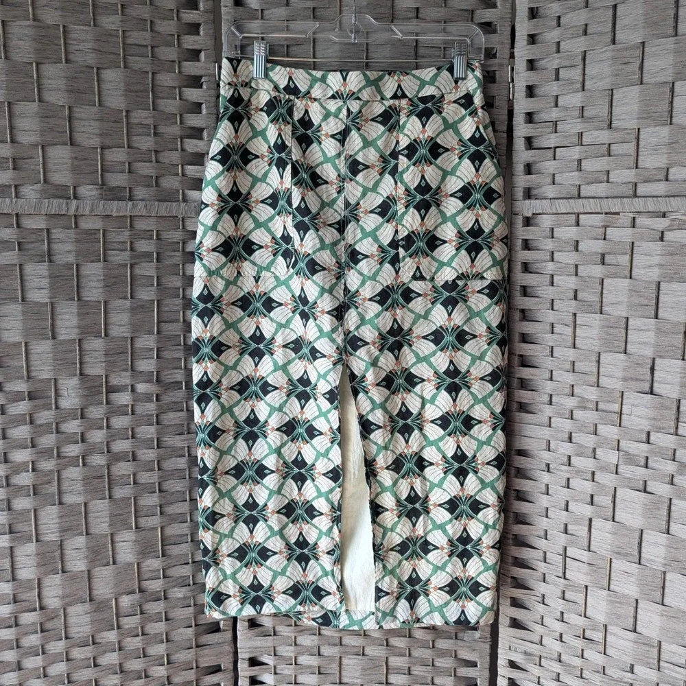 Reiss Midi Skirt Front Slit Green Black Geometric Fan Print Linen & Cotton Sz 6